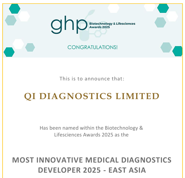 Qi Diagnostics Limited Awarded as “Most Innovative Medical Diagnostics Developer 2025 – East Asia”